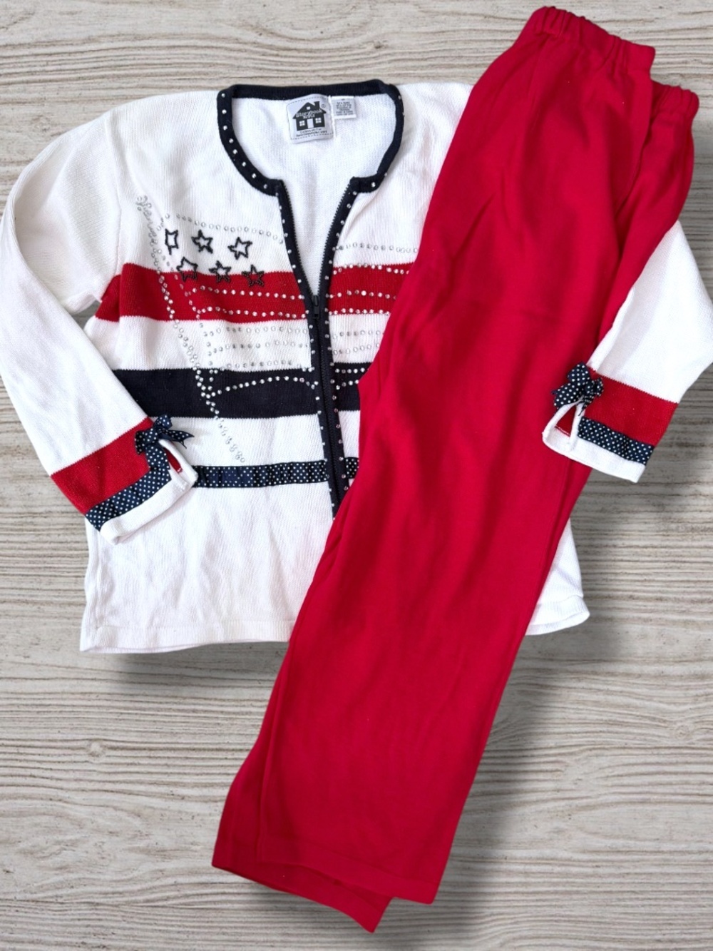 Storybook Knits Patriotic Sweater Pants Set White Red Stars Women's 1X L HSN